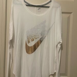 Nike White Long Sleeve Tee with Gold Logo